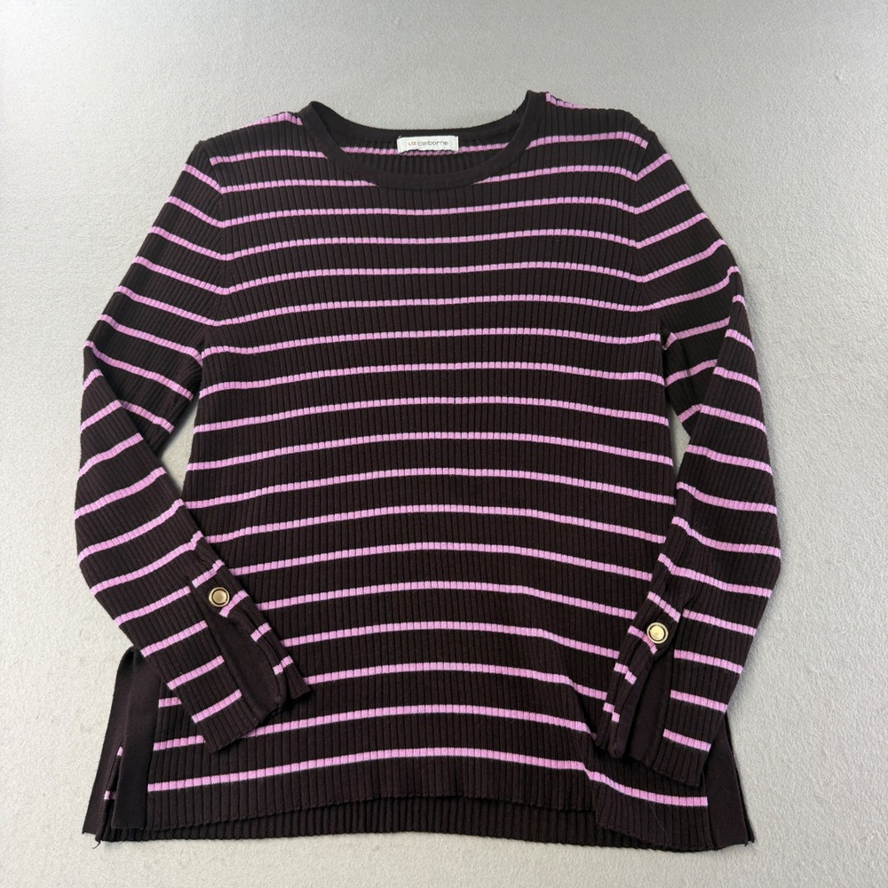 Liz Claiborne Ribbed Striped Sweater Women Medium Brown Pink Gold Button Cuffs